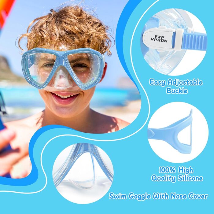 Дитячі окуляри для плавання Kinder Taucherbrille 180° Антизапітніювальні, з загартованим склом та захистом носа, для хлопчиків та дівчаток 4-15 років (Сині)
