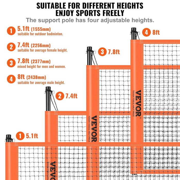 Мережа для волейболу та бадмінтону VEVOR, регульована по висоті, 91,44 x 970 см, портативна, оранжева, складана, з сумкою та ракеткою для бадмінтону