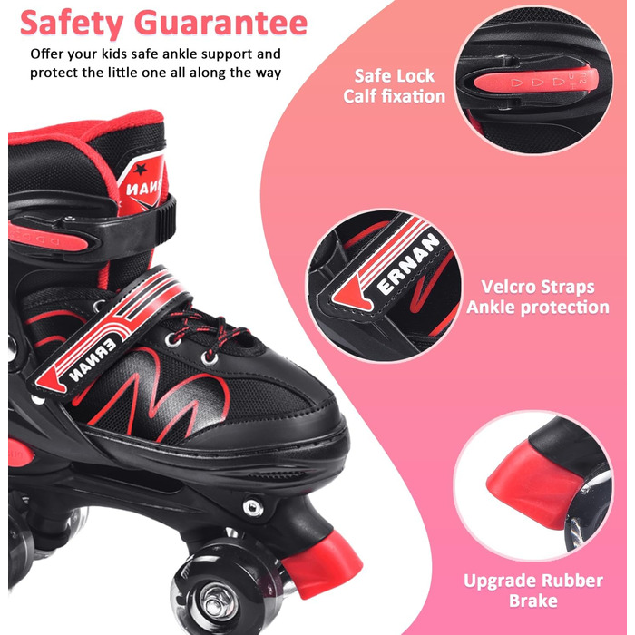 Дитячі ролики ERNAN з регулюванням, світлодіодні, для дівчаток та хлопчиків, підходять для початківців, 4 розміри, RED S