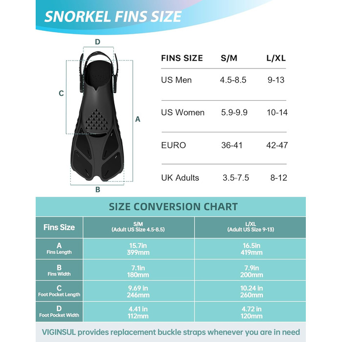 Набір для снорклінгу для дорослих: маска з панорамним оглядом та регульовані ласти, чорний колір, розмір L