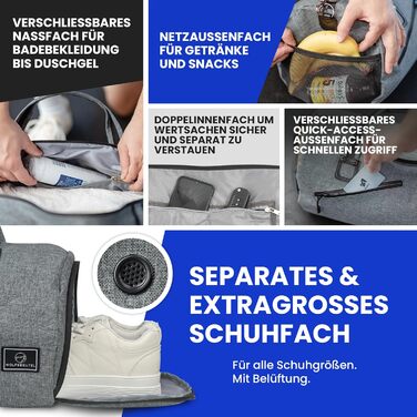 Спортивна сумка WOLFSBÜTEL® 30L: дорожня, для фітнесу, з відділенням для взуття та мокрих речей | Водостійка, сірого кольору