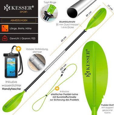 Веслування KESSER® Paddle Doppelpaddel - 4-частини для каяка, SUP, станд-ап паділбордингу, 228 см, алюміній. Ідеально для човна, веслування стоячи. В комплекті: страховочна мотузка, чохол для телефону, дошка для серфінгу. (Зелений)
