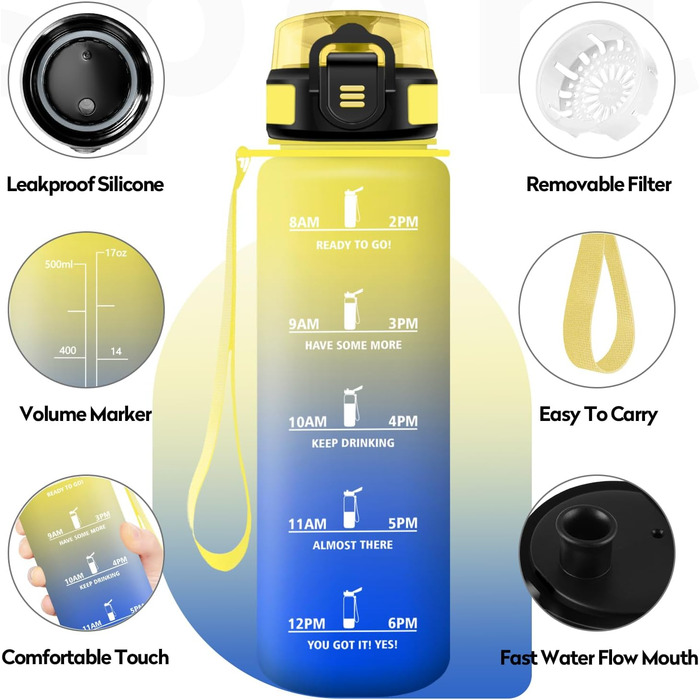 Спортивна пляшка для води 1л з маркуванням часу, фільтром, для напоїв з газом, без витоку, для велосипеда, бігу, дорослих (жовто-королівсько-блакитна)