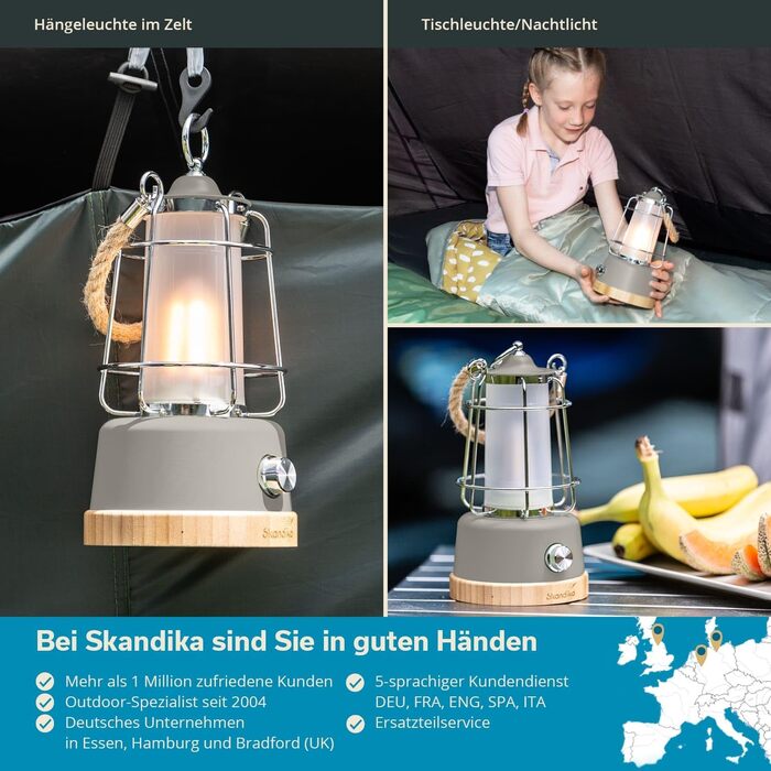 LED кемпінгова лампа Skandika Kiruna beige: ретро дизайн, power bank, регулювання яскравості, USB, сталеве підсвісник, 200 годин роботи