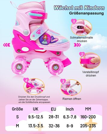 Дитячі ролики FWFX з регулюванням та підсвіткою, підходять для залу та вулиці, розмір S (EU 28-31 / MM 160-200), рожеві