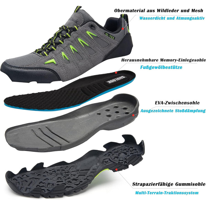 Черевики для хайкінгу SHULOOK чоловічі водонепроникні легкі трекінгові черевики з підтримкою щиколотки, антиковзаючі кросівки для кемпінгу, туризму, сірі, зелені, 45 EU