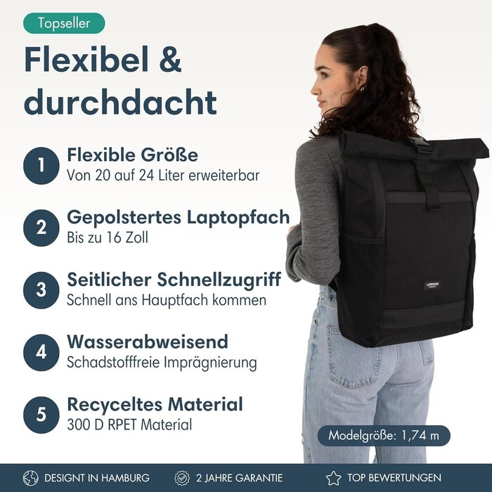 Рюкзак LARKSON Rolltop для чоловіків і жінок, чорний, великий, для школи, університету, велосипеда, 16-дюймове відділення для ноутбука, водовідштовхувальний, антивикрадальний, екологічний