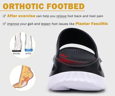 Ортопедичні відновлювальні сандалії KuaiLu для жінок, легкі спортивні шльопанці при плантарному фасциїті, розвантаження суглобів та спини, розмір 43 EU, чорно-білі