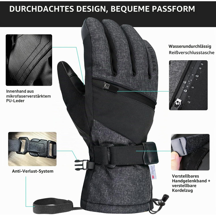Водонепроникні гірськолижні рукавички Unigear з 3M Thinsulate, сенсорні (Touchscreen), унісекс, чорно-сірі