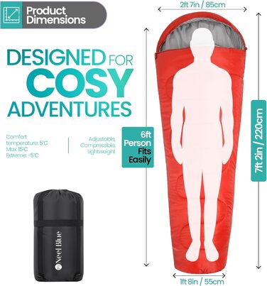 Спальний мішок Mumienschlafsack для дорослих - легкий, компактний, водонепроникний з капюшоном, 220x85 см, для кемпінгу, походів, подорожей (червоний)
