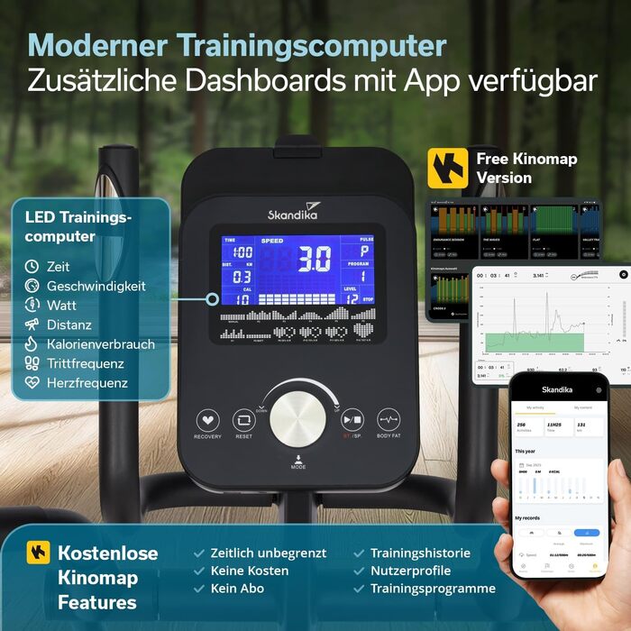 Еліптичний тренажер Skandika Crosstrainer Carbon P18: 32 рівні опору, 13 програм, LCD дисплей, сумісність з додатком, до 135 кг