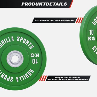 Бамперні диски GORILLA SPORTS 10 кг, гумові, 50 мм, для штанги, гантель, олімпійські, чавунні