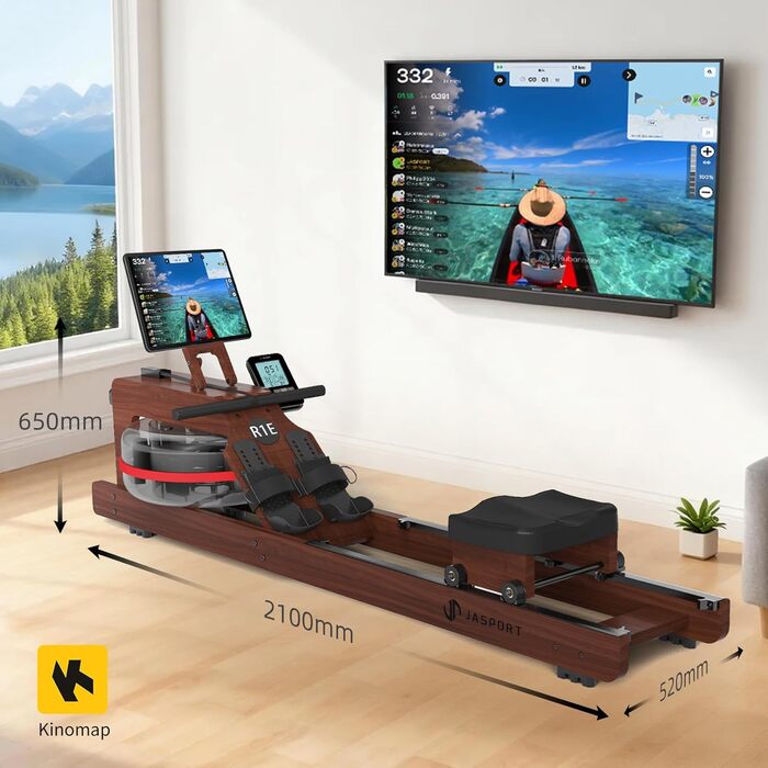 Гребний тренажер R1E з дуба, 28L резервуар для води, 12-лопатеве весло, Bluetooth & LCD-дисплей, сумісний з Kinomap APP, підставка для планшета, тихий та компактний велотренажер до 150 кг
