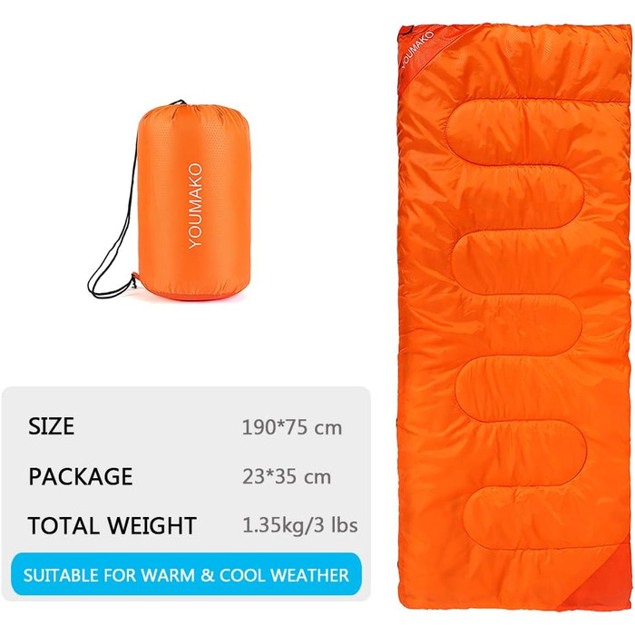 Сплячий мішок для дорослих та дітей – легкий, водонепроникний, зручний для весни, літа, осені – піший туризм, подорожі, кемпінг, темно-помаранчевий