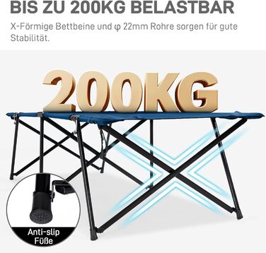 Розкладне ліжко EVER ADVANCED для кемпінгу XXL, 200 кг, 214x79x50 см, з кишенею, стабільне та портативне для відпочинку на природі, вдома та в саду (Блакитне)
