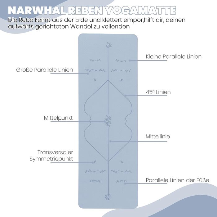 Килимок для йоги Narwhal з розміткою, нековзкий, для фітнесу, пілатесу, гімнастики, TPE, 183x61 см (Блакитний, 6 мм)