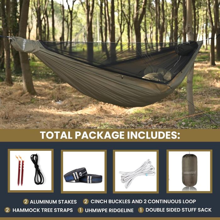 Гамак туристичний Onewind Premium 11' з москітною сіткою та ременями для кріплення, 335x162 см