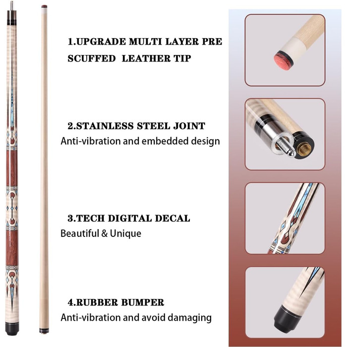 Більярдний кий Pool Queue Stick з акації, 147.3 см, комплект 2 шт, білий (винно-червоний)