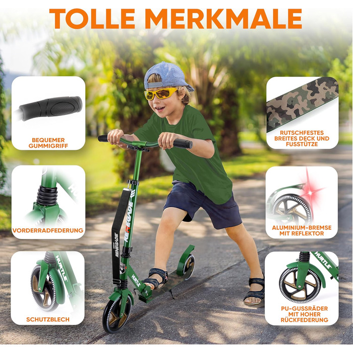 Міський ролер Hurtle Roller Kinder 10 років – складний, регульований по висоті 84–98 см, самокат для дітей та дорослих зі стійкою, з ремінком, до 100 кг, камуфляж