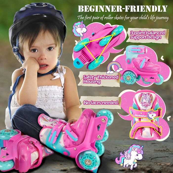 Дитячі ролики Kinder Einhorn для дівчаток та хлопчиків, з підсвічуванням, регульовані, 4 розміри, для початківців, подарунок