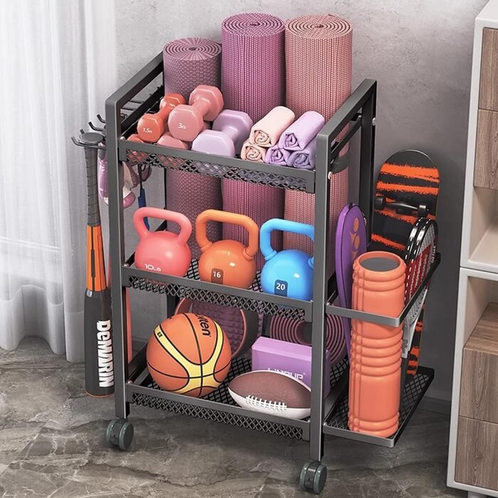 Стійка для гантелей на 3 яруси з роликами – органайзер для йогаматів та спортивного інвентарю, чорний. Підходить для дому та вулиці.