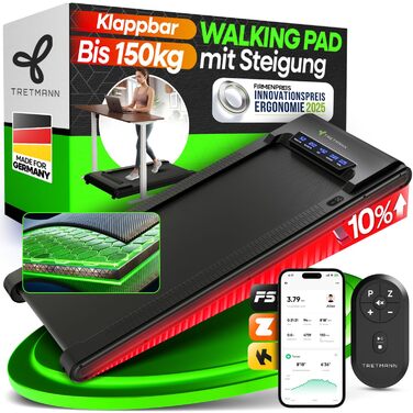 Бігова доріжка Walking Pad Tretmann з нахилом, складана – тиха, до 150 кг, з додатком, EMS-фільтром, для дому, чорна