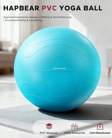 Гімнастичний м'яч HAPBEAR 55/65/75см - Анти-вибух, неслизький, з масажними попками, товстий PVC, до 200кг, комплект з насосом та гумками для фітнесу, офісу та йоги (Хмарно-блакитний, XL)