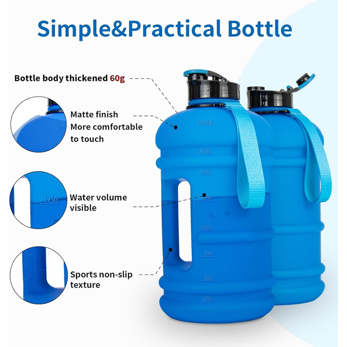 Фляга TOOFEEL 2л BPA Free, велика спортивна фляга з мітками об'єму - Матова Темно-Синя (1893 мл)