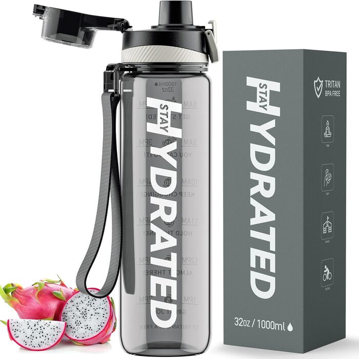 Спортивна пляшка для води 1л Tritan без BPA з міткою часу, сіра (1000 мл)