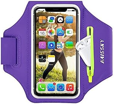 Спортивний браслет на руку для бігу з навушниками та кишенькою для ключів, фіксатором для телефону, з відділенням для карт - сумісний з iPhone 17/16/15/14/13/12/11 Pro Max/Plus, фіолетовий (до 6.9 дюймів)