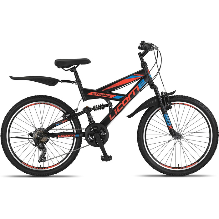 Гірський велосипед Licorne Bike PREMIUM Strong V 24 дюйми, 21 швидкість, повна амортизація, чорний/синій/помаранчевий, для хлопців, дівчат, жінок і чоловіків