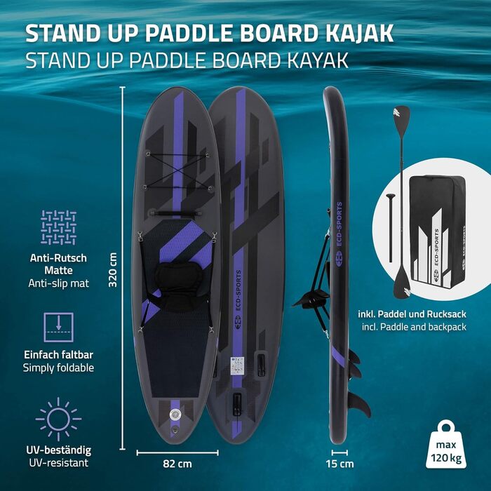 Надувний SUP Борд ECD Germany для каякінгу, 305-380 см, до 120/150 кг, 10/15 см товщина, комплект з каяком, сумкою та веслом (різні моделі) - Чорний