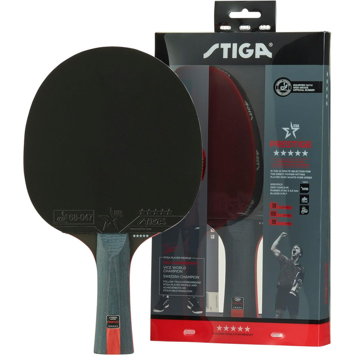 Тенісний ракетка STIGA Prestige 5-Star – професійна пінг-понгова ракетка з ITTF-сертифікованим покриттям, губкою 2.0 мм та технологією WRB – зручна ручка