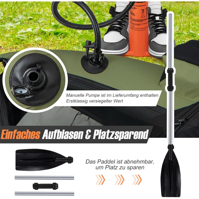 Надувне рибальське човен GYMAX: компактне belly boat з насосом, веслами та регульованими ременями, до 150 кг, зелений