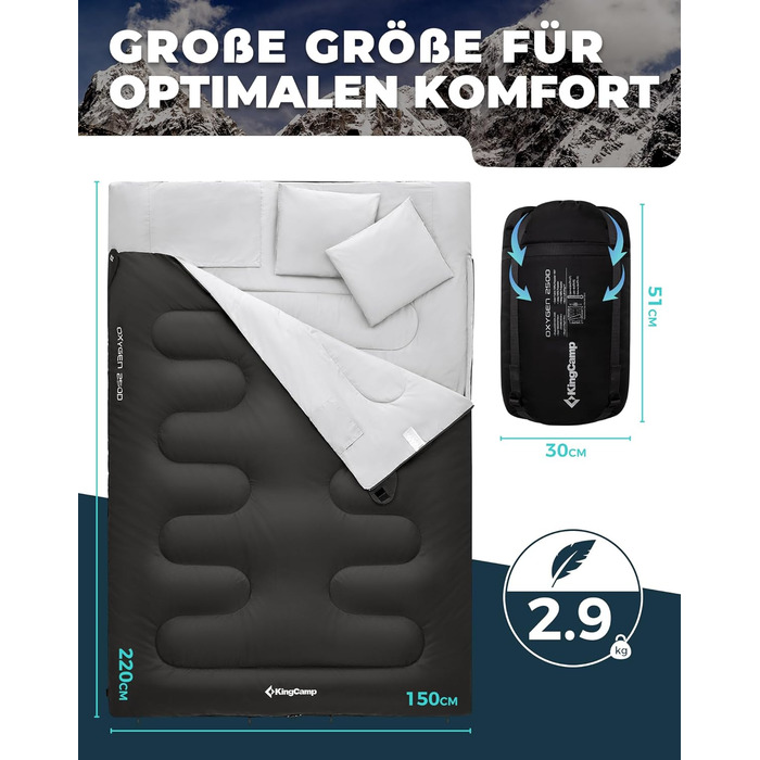 Сплячий мішок KingCamp для двох осіб, зимовий, чорний, для кемпінгу та відпочинку на природі