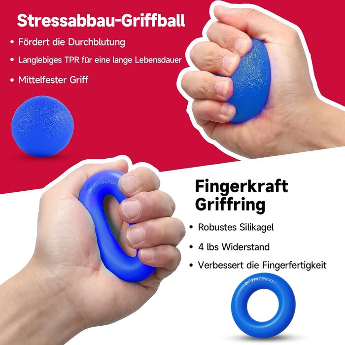 FitBeast Набір для тренування рук (5 шт.): підручник для підручників, фінгердехнер, м'яч для хвата та м'яч для зняття стресу, темно-синій