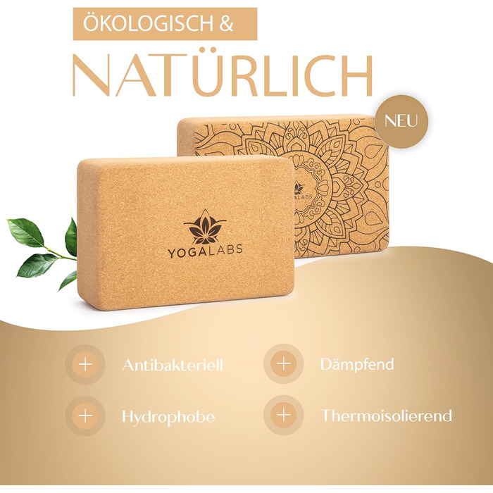 YOGALABS® Преміум йога-блок із натурального корку 22,5x15x7,5 см, екологічний, нековзний, безпечний для шкіри – аксесуар для йоги, медитації, розтяжки та сидіння