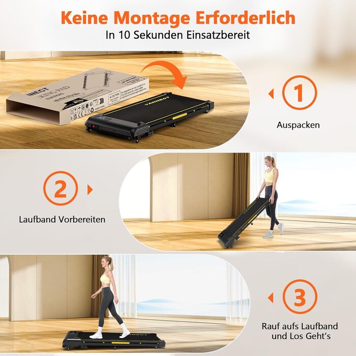 Walking Pad VANNECT - компактний біговий тренажер для дому з регулюванням нахилу, LED-дисплеєм та пультом керування. Максимальне навантаження 150 кг, потужність 2.75HP, жовтий. Без збирання.