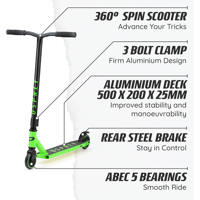 Самокат трюковий Osprey Stunt Pro 360: для дітей, підлітків та дорослих, з підшипниками ABEC 5, зелений