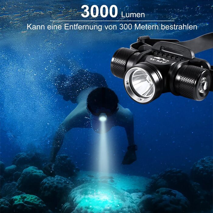Ліхтар налобний APLOS H900 для дайвінгу 3000 люмен, водонепроникний до 60м, 5 режимів, IP68