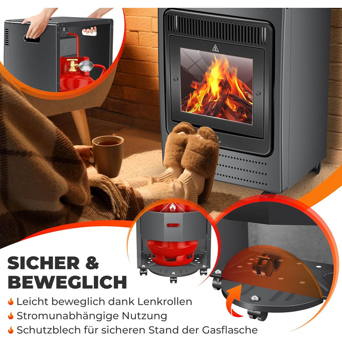 Газовий обігрівач KESSER®: газовий камін-піч, інфрачервоний нагрівач 3,4 кВт, 2 режими, з газовим редуктором та шлангом, для бутану/пропану до 11 кг, антрацит
