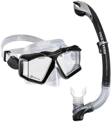 Набір для дайвінгу US.Divers Sideview для дорослих: маска та трубка з панорамним оглядом 180°, UV-захист, антифог, клапан, чорний/сріблястий