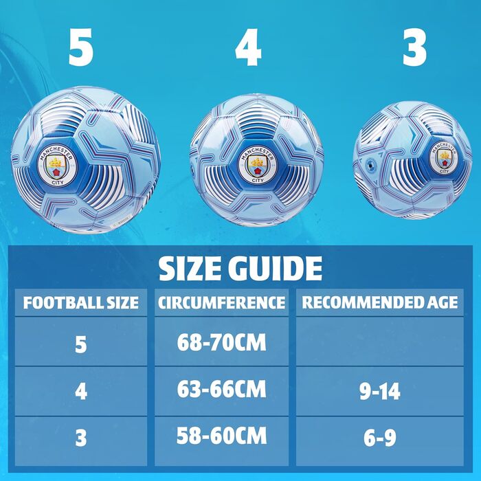 М'яч для футболу Manchester City FC, ліцензійний, розмір 3, 4 або 5 - подарунок для фанатів, блакитний