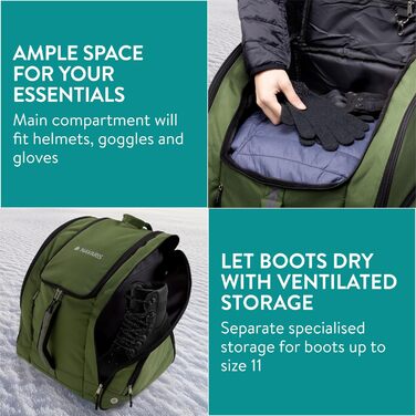 Нарис Рюкзак для лиж Зелений - Великий об'єм & водовідштовхувальне покриття - Кишенька для лижних черевиків та шолому - Ідеально для лижного спорядження.