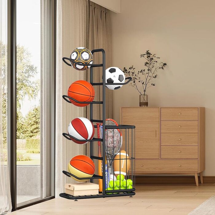 Стенд для зберігання баскетбольних м'ячів Ballständer: полиця для спортивного обладнання, відкидна стійка-тримач на 5 м'ячів та кошиків, баскетбольний кошик для регбі, волейболу, футболу