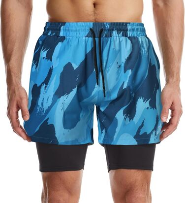 Шорти спортивні чоловічі 2 в 1, швидковисихаючі, для тренувань, гімнастики, бігу, аутдору (XL, синій камуфляж з чорною підкладкою)