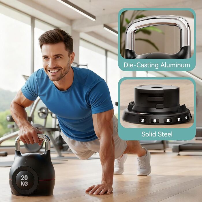 Кетлбел регульований 7-в-1 для дому, 20 кг. Набір гантелей-кетлбелів для фітнесу, чорний. Ідеально для домашнього тренажерного залу.