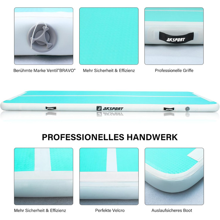 AKSPORT Килимок для гімнастики та акробатики з повітряною подушкою, 3/4/5/6 м, 10/20 см заввишки, 300x100x10 см, м'ятно-зелений