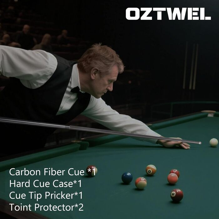 Професійний кий для більярду з карбону, 12.4 мм, 8-шарова вершина, низька відсікання, для дорослих, з професійним конусом, 3/8 x 8, чорний