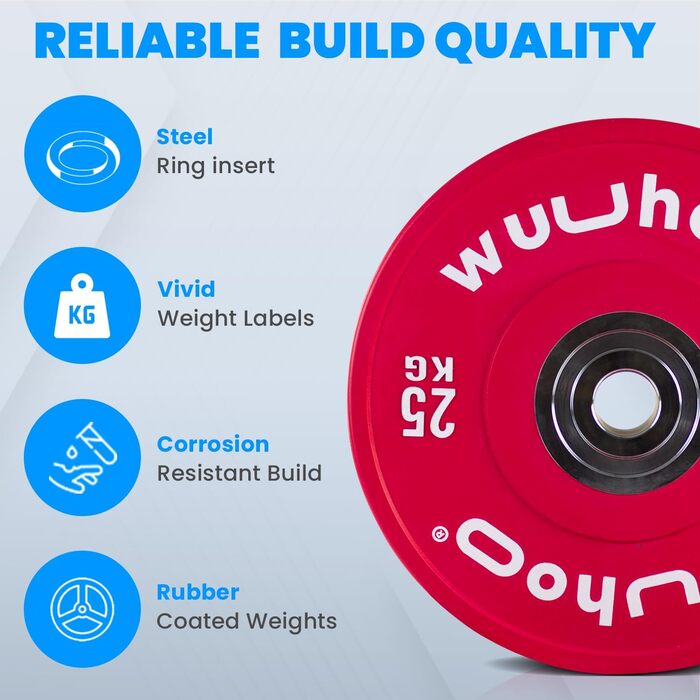 wuuhoo® Pro Competition Bumper Plates Zane – Преміальні олімпійські бамперні диски 50 мм для професійних тренувань, вулканізована сталева втулка